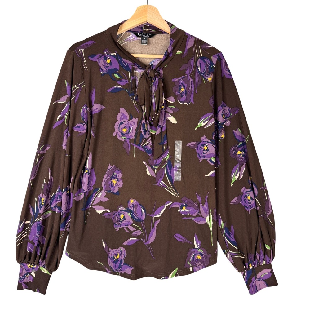 Lauren Ralph Lauren Brown Purple Floral Tie Neck Puff Sleeve Blouse Medium
